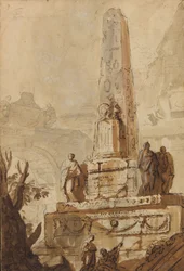 Egyptian obelisk in a landscape with ruins, an arch and a pyramid